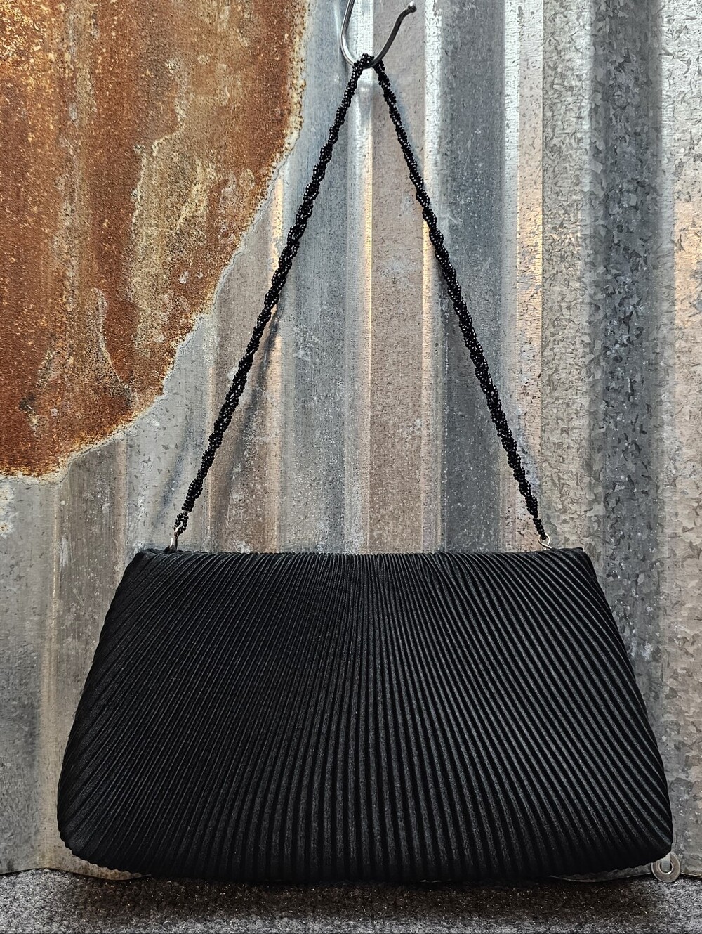 Vintage Black Pleated Satin Evening Clutch Purse with Beaded Chain Strap